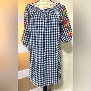 ANTHROPOLOGIE SKIES ARE BLUE GINGHAM DRESS EMBROIDERED 3/4 SLEEVE SZ M…